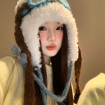 冬季保暖帽子 加絨款 檀健次同款 可愛 眼鏡飛行 護耳雷鋒帽子 女秋冬 保暖毛絨針織帽