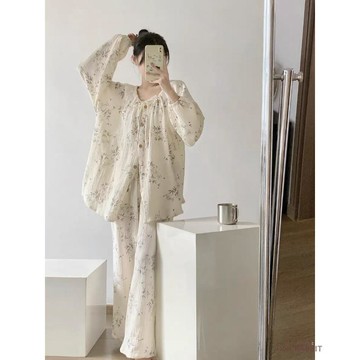 【臺灣出貨】ins新中式慵懶睡衣女春秋季新款少女風休閒寬鬆家居服套裝可外穿長袖睡衣女生睡衣居家睡衣大碼睡衣韓國居家服女睡