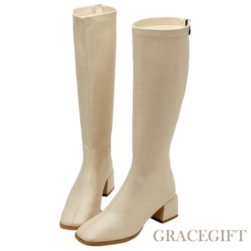 【Grace Gift】直腿濾鏡素面方頭中跟美腿長靴 米白