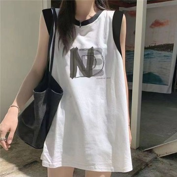【台灣現貨】美式復古上衣 純棉背心 寬鬆中長款無袖T恤女 中長款T恤 寬鬆中長款上衣 韓版運動無袖上衣 無袖背心 背心上