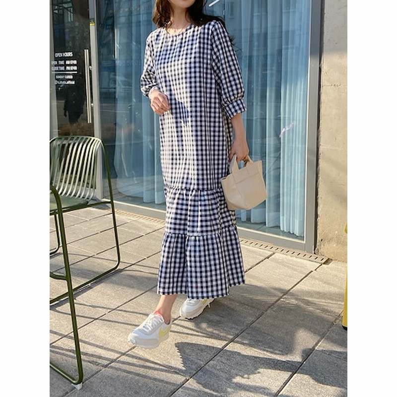 ギンガムチェック ロングワンピース D 014 通販 Lineポイント最大1 0 Get Lineショッピング