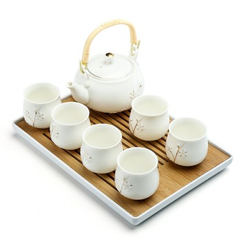陶瓷提梁壺茶具套裝組(一壺六杯帶托盤) 德化描金白瓷 茶壺茶杯陶瓷功夫茶具 家用簡約茶托 茶具用品 中式茶具 泡茶具