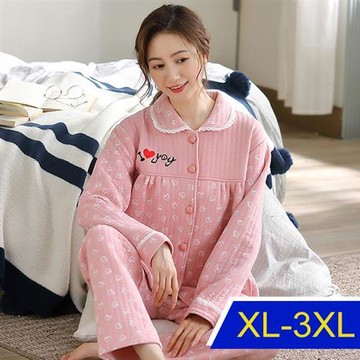 【韓國K.W.】粉愛心加厚鋪棉保暖居家睡衣套裝(保暖/休閒/睡衣)