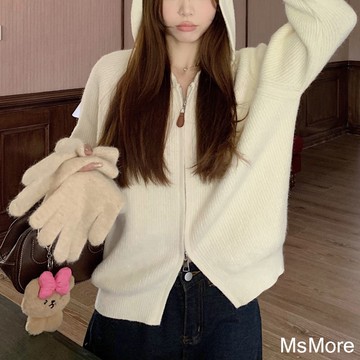 【MsMore】韓版寬鬆慵懶連帽雙拉鍊北極絨針織衫毛衣長袖上衣短外套# 123687(現貨+預購)