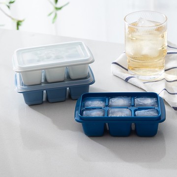 日本霜山 軟底防異味密封式6格製冰盒附蓋(莫蘭迪藍3色)-9入