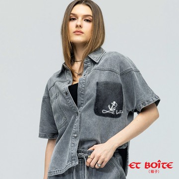 【新品2件75折】解構洗水灰牛仔丹寧短袖襯衫 - BLUE WAY ET BOîTE 箱子