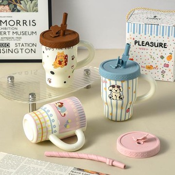 萌趣卡通動物馬克杯帶蓋帶吸管大容量陶瓷杯高顏值外出便攜隨手杯