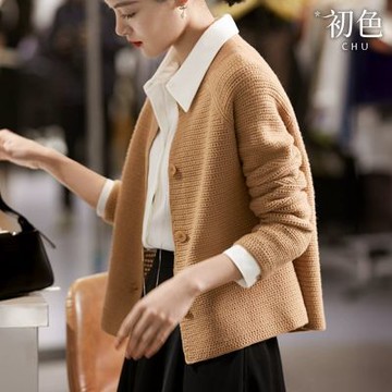 初色 素色緹花寬鬆圓領長袖針織外套女外套-共3色-38414(F可選)