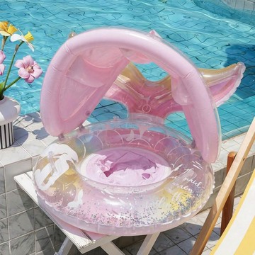 【水上充氣遮陽游泳圈】卡通加厚 兒童嬉水 帶蓬座圈 坐艇游泳充氣坐圈救生圈 防曬防側翻 加厚安全款 適用泳池/海邊