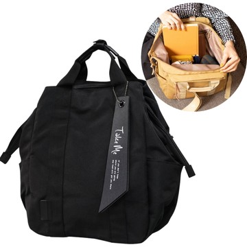 日本 Nicott - Take me 文青風輕量大開口多功能後背包/媽媽包-曜石黑 (36x24x14.5cm)