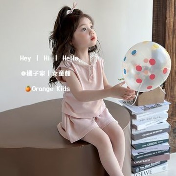 Orange Kids🍊【90-140】女童無袖套裝 洋氣連衣帽 兒童連帽背心短褲兩件套 夏天童裝 兒童短袖 女寶夏裝