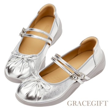 【Grace Gift】時髦潮感蝴蝶結抓皺2WAY雙帶芭蕾舞運動鞋 銀