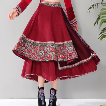 春季新款復古半身裙女士秋冬A字裙民族風印花高腰大擺長裙子1入