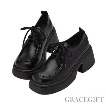 【Grace Gift】校園女神增高輕量厚底樂福鞋 黑