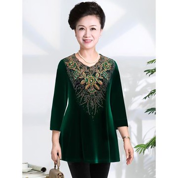 中老年女裝高貴大碼媽媽秋裝金絲絨綠色繡花七分袖小衫中長款上衣