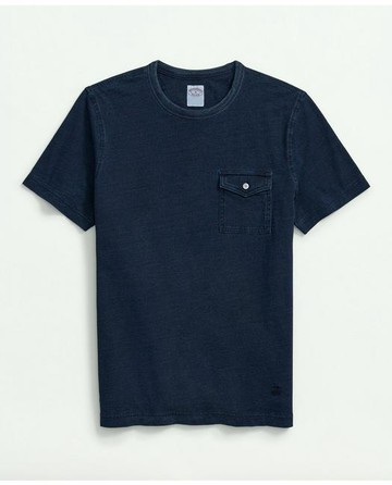Brooks Brothers Men's Chest Pocket T-Shirt in Indigo-Dyed Washed Cotton | Blue | Size Large
