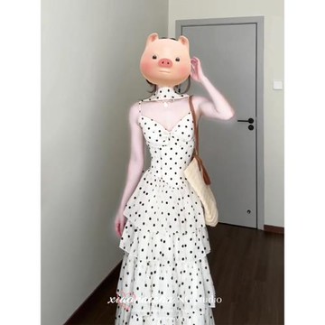 (免運)法式波點吊帶連衣裙女夏季收腰顯瘦甜美氣質荷葉邊蛋糕蓬蓬長裙子