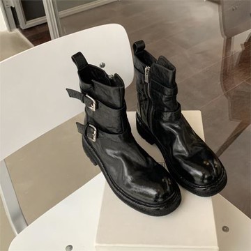 水洗馬皮~縮紋皮帶扣厚底女真皮黑色復古百搭顯瘦粗跟瘦瘦短靴子