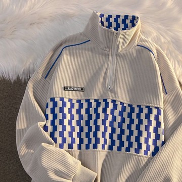 polo領衛衣男女秋季寬松潮流美式復古華夫格半拉鏈時尚百搭棋盤格外套【聚寶屋】