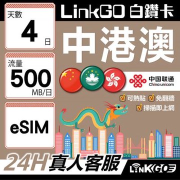 LINKGO白鑽卡 中港澳 eSIM卡 4天上網卡 每日500M 高速流量 免翻牆可熱點(中港澳網卡 中國 大陸 香港 澳門 虛擬卡)