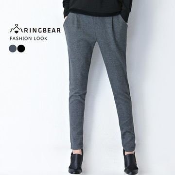 鉛筆褲--休閒時尚歐美風格鬆緊腰間裝飾車褶雙口袋窄管褲/鉛筆褲(黑.灰XL-4L)-P127眼圈熊中大尺碼商品標題