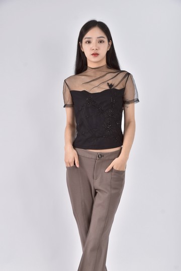 (S) laicarfore紡紗透膚黑色短袖上衣