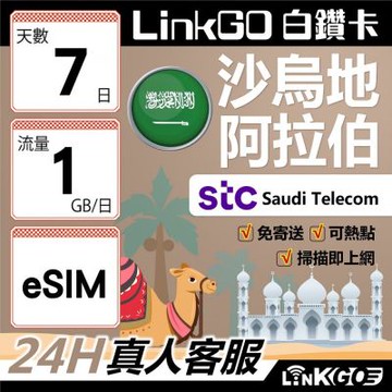 LINKGO白鑽卡 沙烏地阿拉伯 eSIM卡 7天上網卡 每日1GB 高速流量(沙烏地阿拉伯網卡 利雅德 吉達)