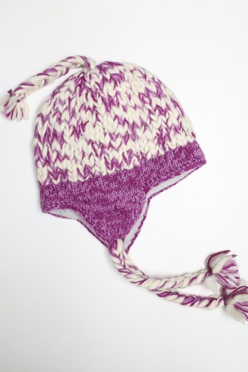 氣質白紫粗雜線辮子帽純羊毛線手工編織全襯防風毛帽子護耳帽保暖