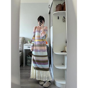 溫柔風軟糯時尚扎染針長裙設計感小眾復古杏色蕾絲半身裙兩件套裝