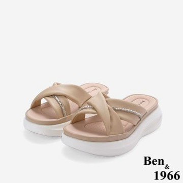 Ben&1966高級百搭交叉帶鑽羊皮厚底拖鞋-杏(266221)