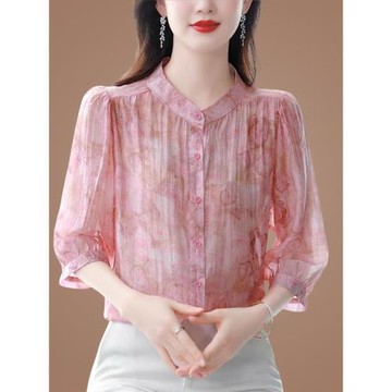桑蠶絲真絲襯衫女上衣小衫碎花中袖七分袖高端時尚洋氣漂亮減齡