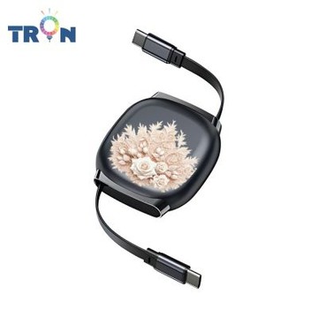 TRON 100W Type-C 伸縮快充線 1M 鈦黑色 圖騰花磚-2 4檔長度調整 可充筆電 適用i15以上手機 平板