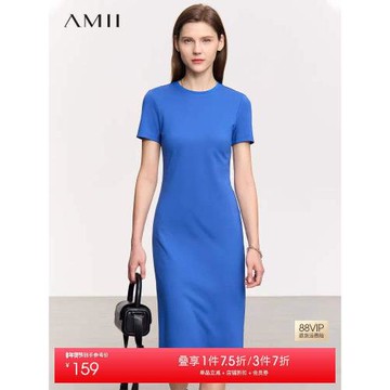 Amii2026春新款圓領字母印花短袖修身連衣裙女幾何分割顯瘦裙子