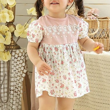 日本 ZOOLAND - 甜美花卉胸前蕾絲短袖洋裝-粉紅