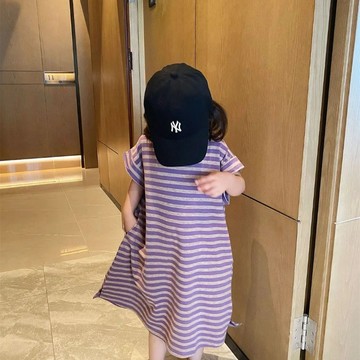 俏皮公主風~高檔森系夏季新款女寶寶韓版女童紫色條紋短袖T恤連衣裙長款 夏季連衣裙 童裝裙子 公主裙 女童連身裙 夏天衣服