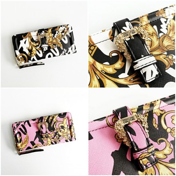 美國百分百【全新真品】Versace Jeans 凡賽斯 皮夾 錢包 真皮 專櫃精品 VJ 長夾 黑色/粉紅 CH87