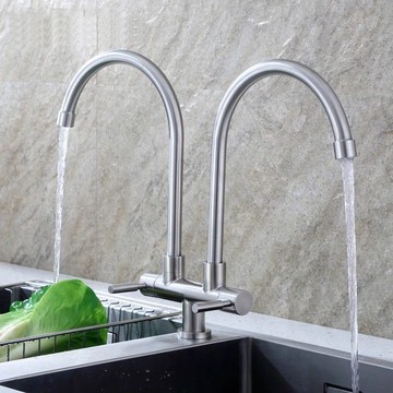 一分進二出不銹鋼雙控入墻橫式水槽洗菜盆廚房雙管單冷水龍頭