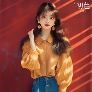 初色 韓系條紋POLO領長袖泡泡袖襯衫上衣-黃色條紋-37168(M-3XL可選)