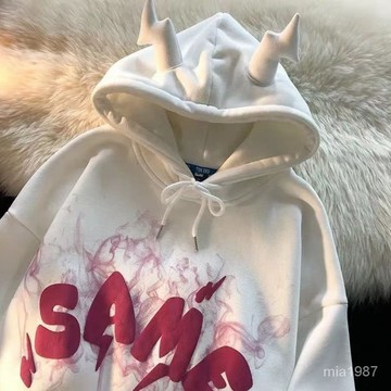 【精品男裝】小衆塗鴉搞怪牛角設計感可愛上衣連帽髮泡衛衣男女衕款加絨鞦鼕季jioyh 56SS
