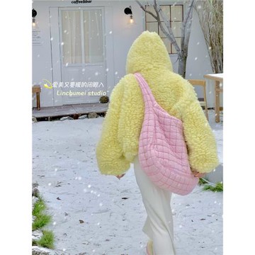 林初美黃色短款仿羊羔毛外套女冬季韓系加絨加厚保暖毛毛連帽上衣