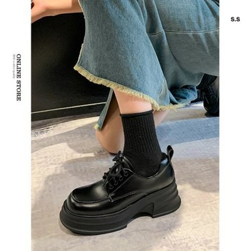 厚底小皮鞋女真皮新款春系帶松糕鞋子英倫風一腳蹬樂福鞋學生單鞋