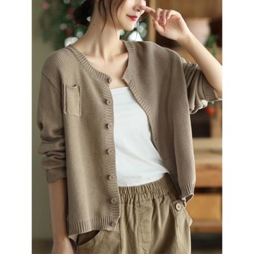 2025春季寬松純色圓領顯瘦百搭通勤韓版針織毛衣單排扣開衫外套女