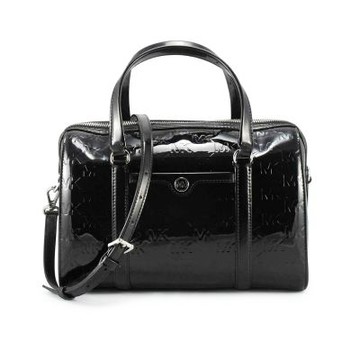 Michael Kors TRAVEL新款亮面滿版LOGO皮革/手提/斜背/波士頓包35F5STFS6O(亮黑)