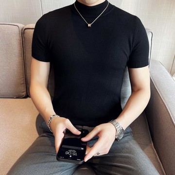 歐洲站 2024秋冬新款毛衣 純色修身半高領短袖針織毛衣打底衫男