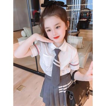 女童連衣裙夏季2024新款洋氣學院風百褶裙網紅同款JK制服套裝裙子