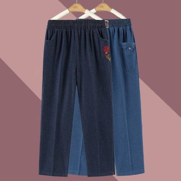 中老年女褲春秋牛仔褲媽媽褲子高腰長褲老太太寬松奶奶直筒老人褲