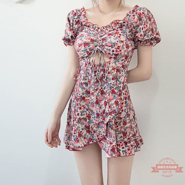 ins風游泳衣女單獨平角褲連體裙 仙女范遮肚遮手臂抽繩荷葉邊泳衣