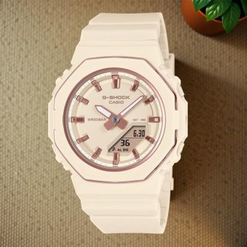 CASIO 卡西歐 G-SHOCK 八角纖薄金屬邊 雙顯手錶 電子錶 女錶 禮物 1212購物節 送禮推薦-粉米色 GMA-P2110-4A