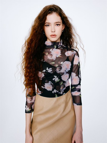 牡丹小立領假兩件式六角網布上衣