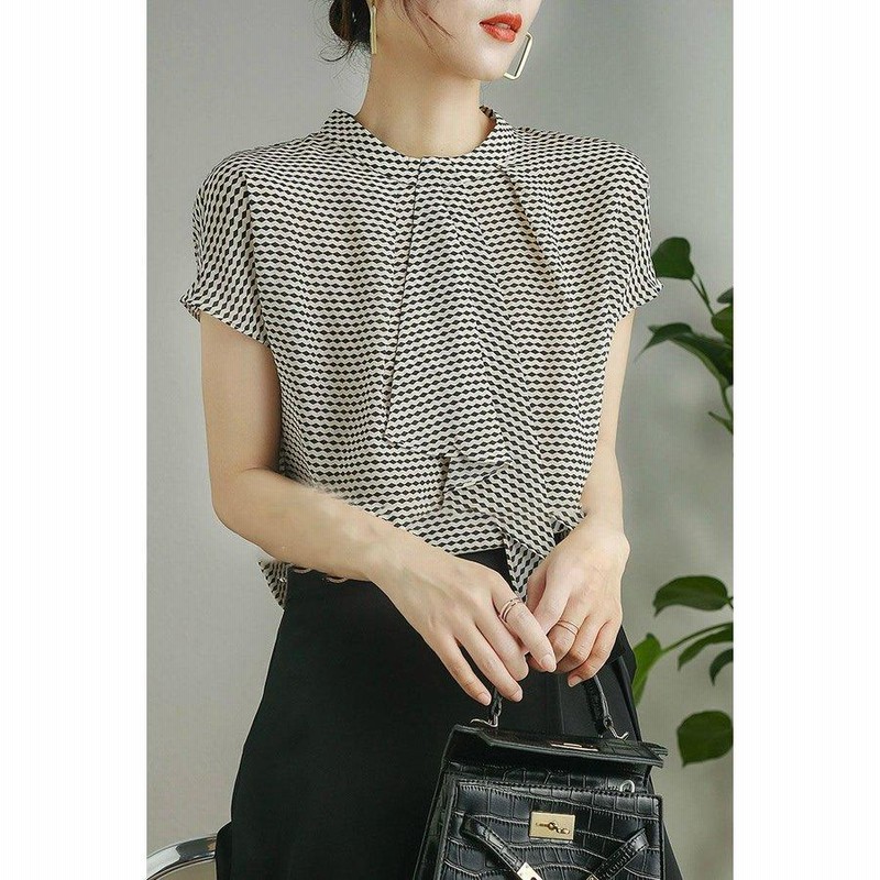 ブラウス トップス シャツ Tシャツ レディース 夏 大きいサイズ ラウンドネック 半袖 ボウタイブラウス 幾何学模様 モノトーン  きれいめ ホワイト ブラック ブラウス トップス シャツ Tシャツ レディース 夏 大きいサイズ